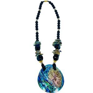 Vintage Abalone Pendant Necklace Stacked Shell Boho Mother Pearl Black Gold 13"